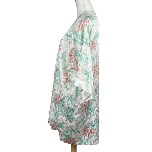 Vintage 80s Ivory Based Pastel Pink Teal Silver Floral Print Satin Wrap Robe - Picture 5 of 10